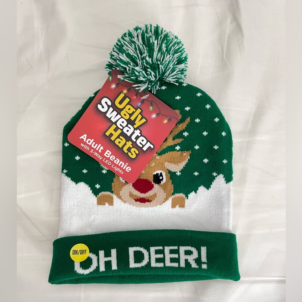Ugly Sweater Hats Green and White Reindeer Beanie with 3-way LED Lights NWT
